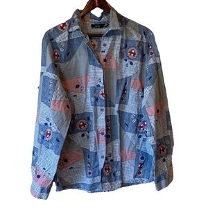 VTG 70s Patchwork Gingham Bug Americana Button Up Shirt USA Women 2x Plus Blue